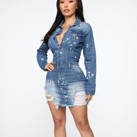 Elastic Breasted Denim Buttocks Dress - Sophinity