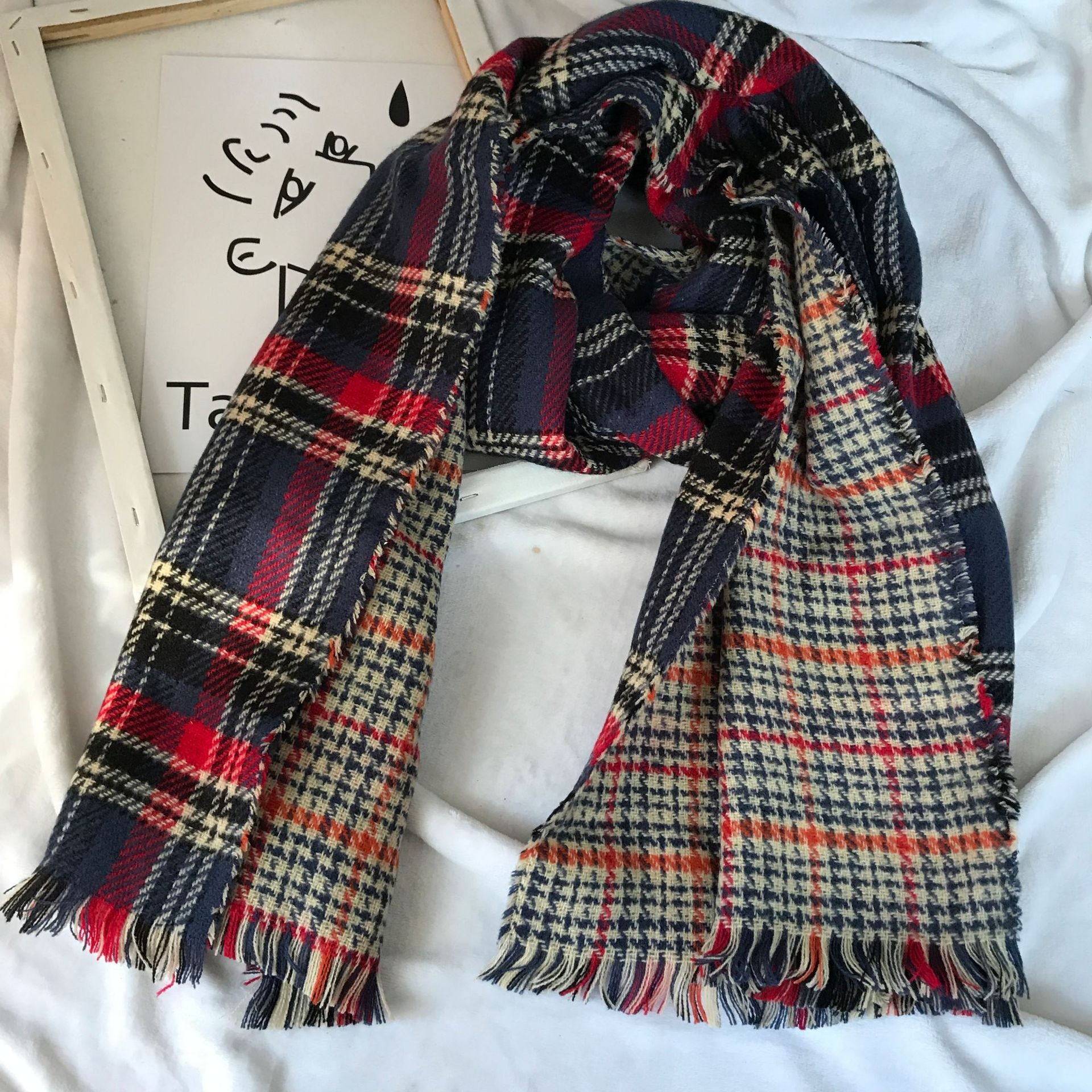 Retro Englon Plaid Tassel Scarf Women's Autumn And Winter Double-sided Cashmere Scarf - Sophinity