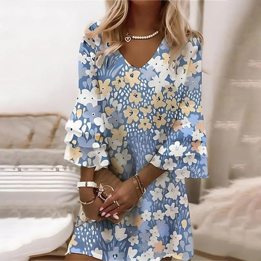 Summer Flared Sleeves V-neck 3D Digital Printing Midi Dress - Sophinity