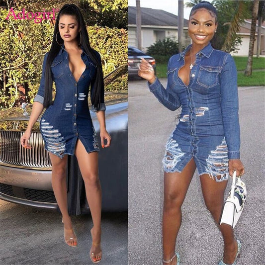 Shredded denim dress denim casual dress - Sophinity