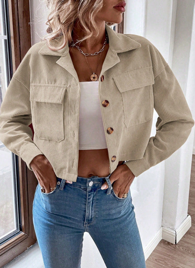 Women's Fashion Short Corduroy Button Jacket Casual Short Coat - Sophinity