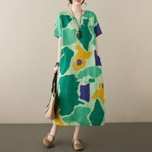 Plus Size Cotton And Linen Dress Abstract Printing Short Sleeve Loose - Sophinity