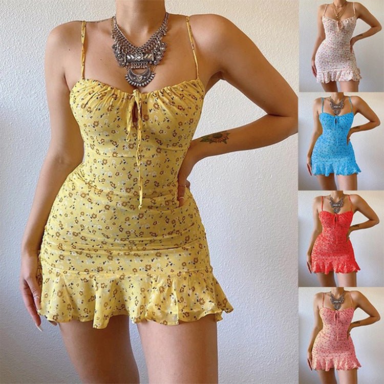 Floral Strap Chest Hollow Dress - Sophinity