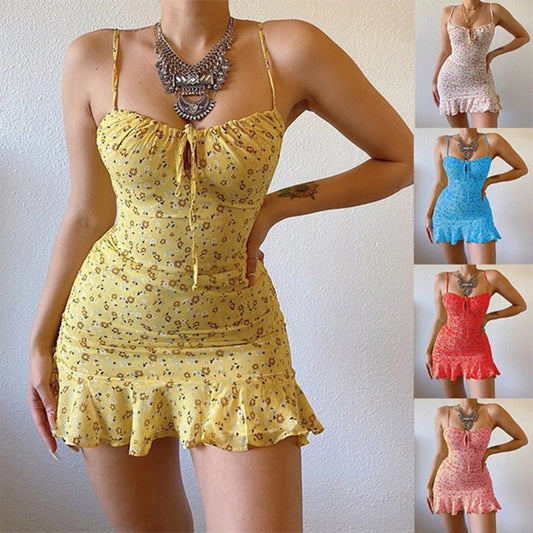 Floral Strap Chest Hollow Dress - Sophinity