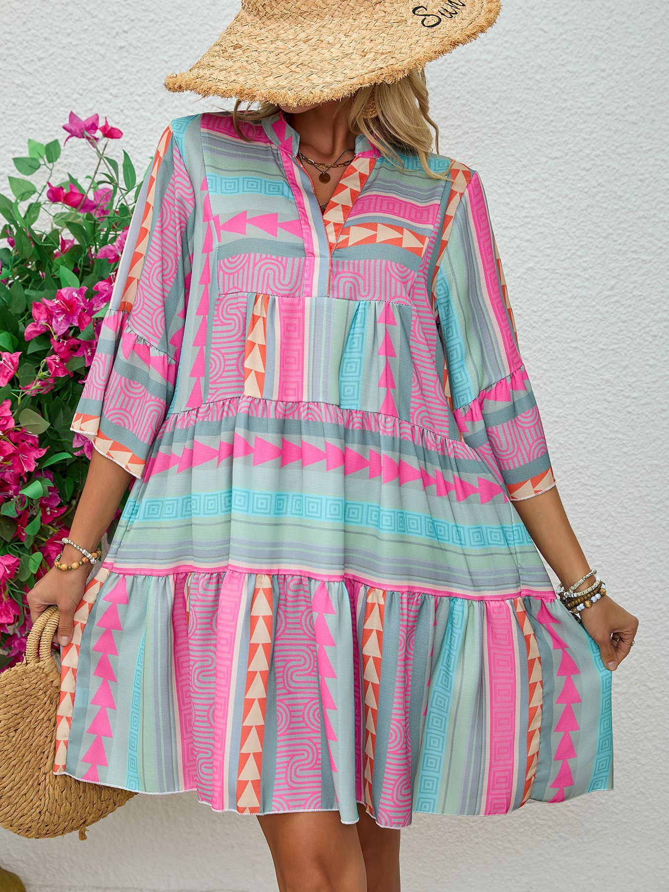 Spring And Autumn Print V-neck Dress - Sophinity
