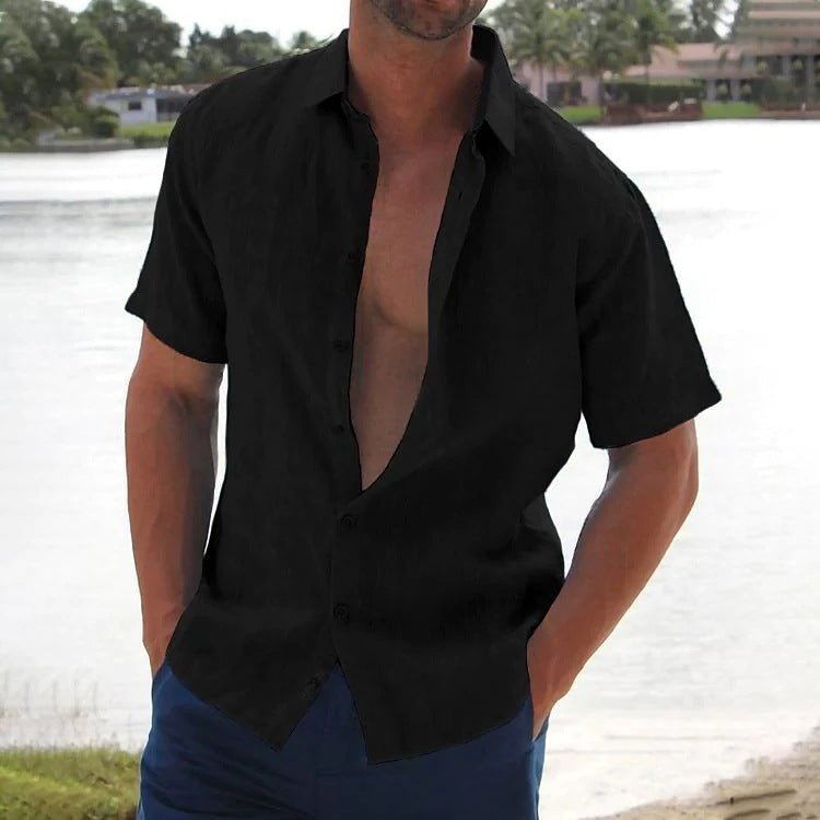 Men's Lapel Solid Color Short Sleeved Shirt - Sophinity