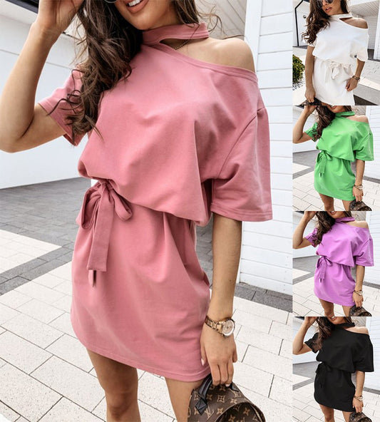 Simple solid color hanging neck short sleeve strap dress - Sophinity