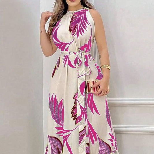 Women Plant Print Sleeveless Dress, Casual Vacation Style Maxi Women Outfit - Sophinity