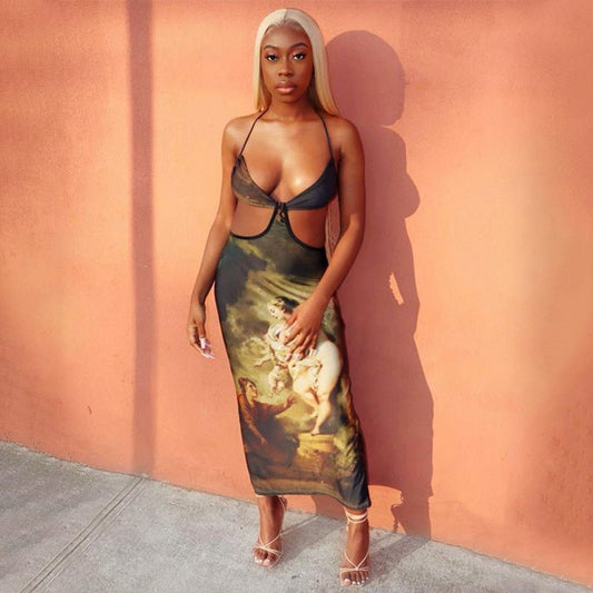 Halterneck Camisole Waist Cutout Print Maxi Dress - Sophinity