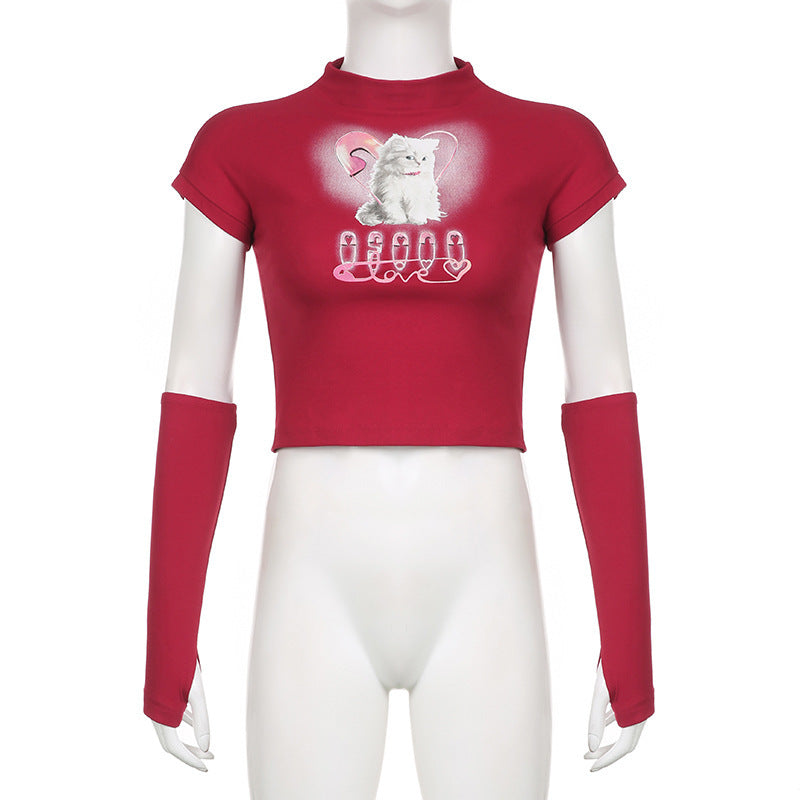 Cat Printing Cropped T-shirt Street Style