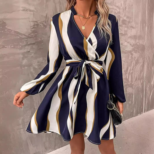 Women's Clothing Belt Printed V - neck Dress - Sophinity