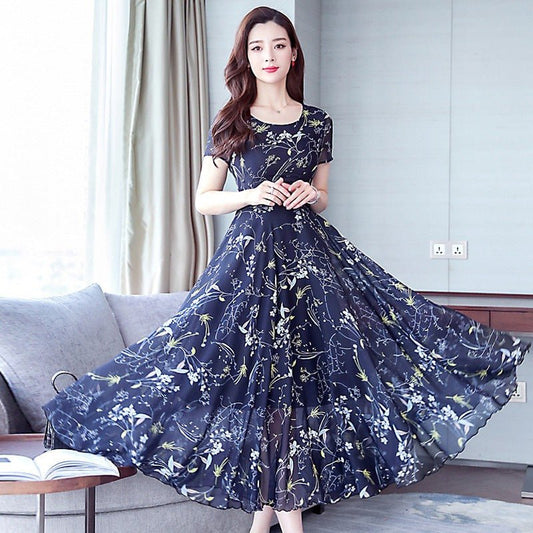 Middle - aged Ice Silk Large Swing Dress Elegant Floral Slimming Long Dress Women - Sophinity