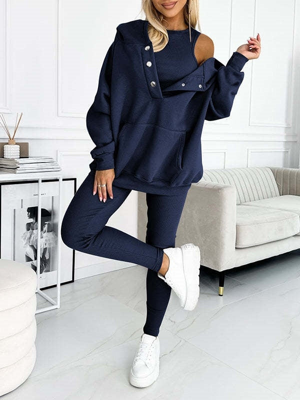 Athleisure Hoodie With Thick Thread Slim-fit Vest Pants Three Pieces Set - Sophinity