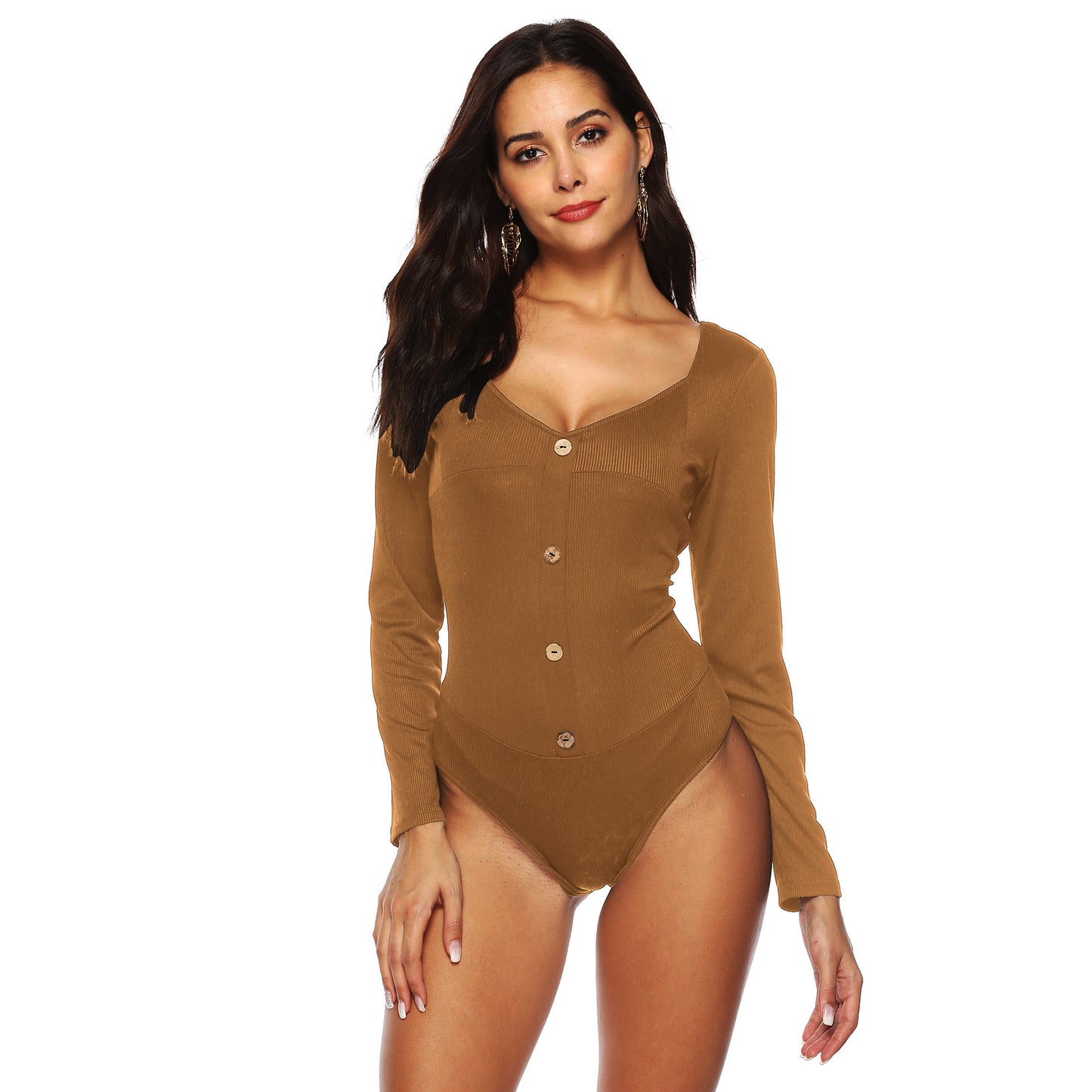 Women's Long - sleeved Deep U Backless Button Jumpsuit Bottoming Shirt - Sophinity
