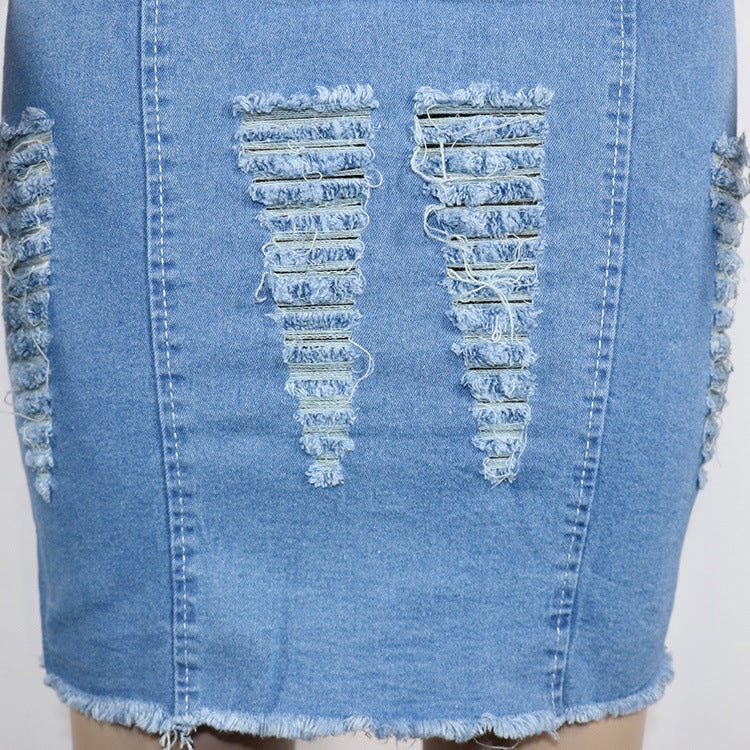 Stretchy Ragged White Wash Denim Dress - Sophinity