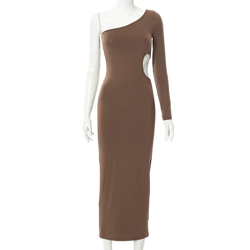 Solid Color Casual Patchwork One Shoulder Long Sleeve Hollow Dress - Sophinity