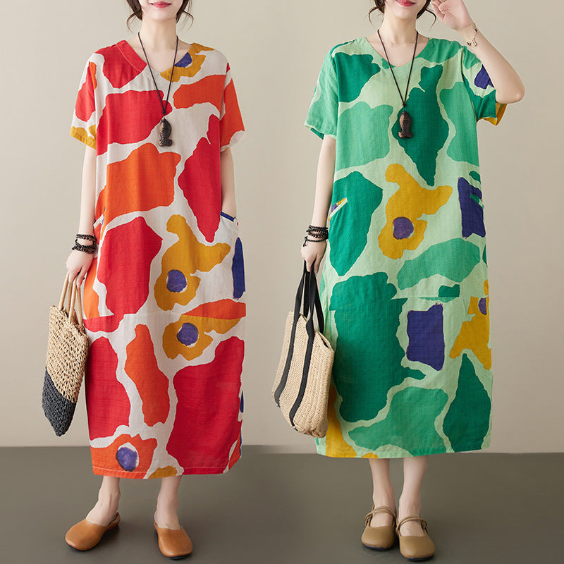 Plus Size Cotton And Linen Dress Abstract Printing Short Sleeve Loose - Sophinity