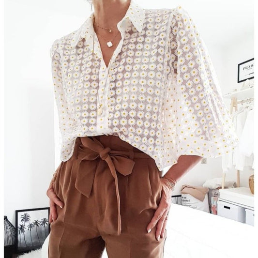 Sheer print tulle top shirt - Sophinity