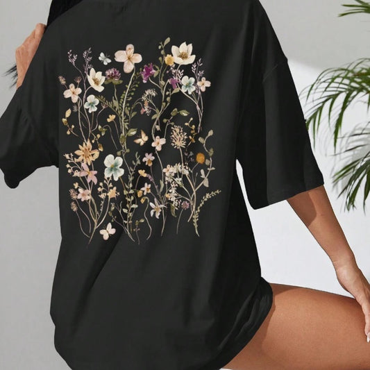 Beautiful Flower Clusters Print Cotton Women T-shirts Casual - Sophinity