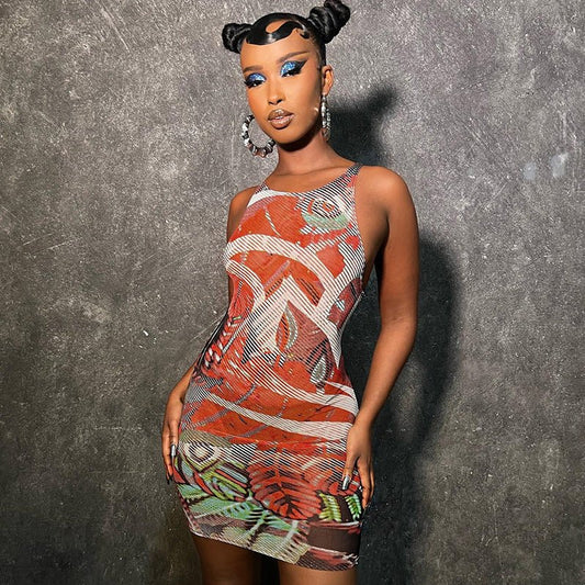 Women's Fashion Mesh Printed Sleeveless See - through Dress - Sophinity