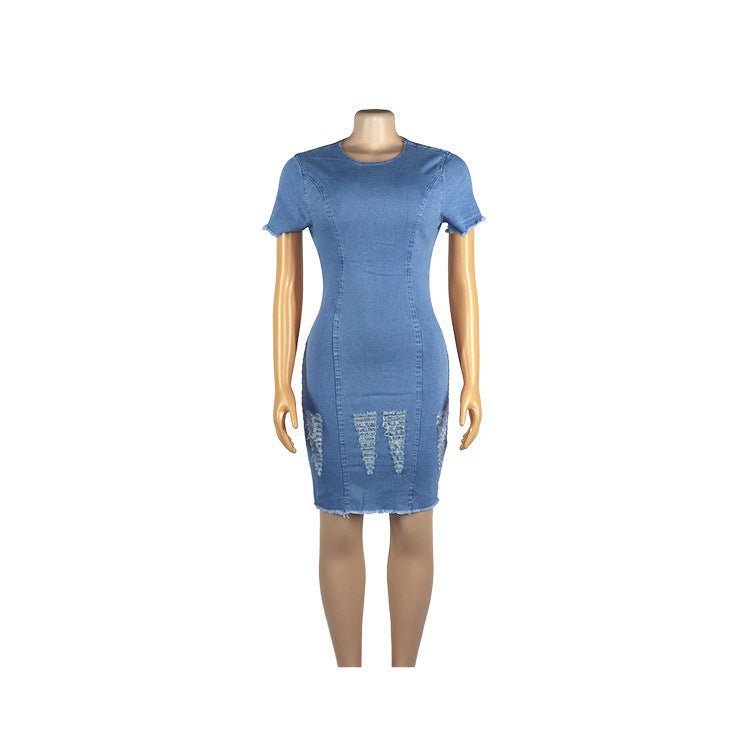 Stretchy Ragged White Wash Denim Dress - Sophinity