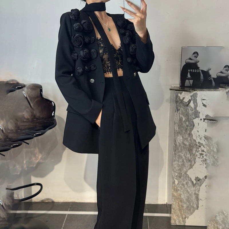 Stitching Flower Ribbon Suit Jacket High Waist Slim Suit - Sophinity