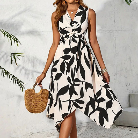 Leaf Print Twist Irregular Dress - Sophinity