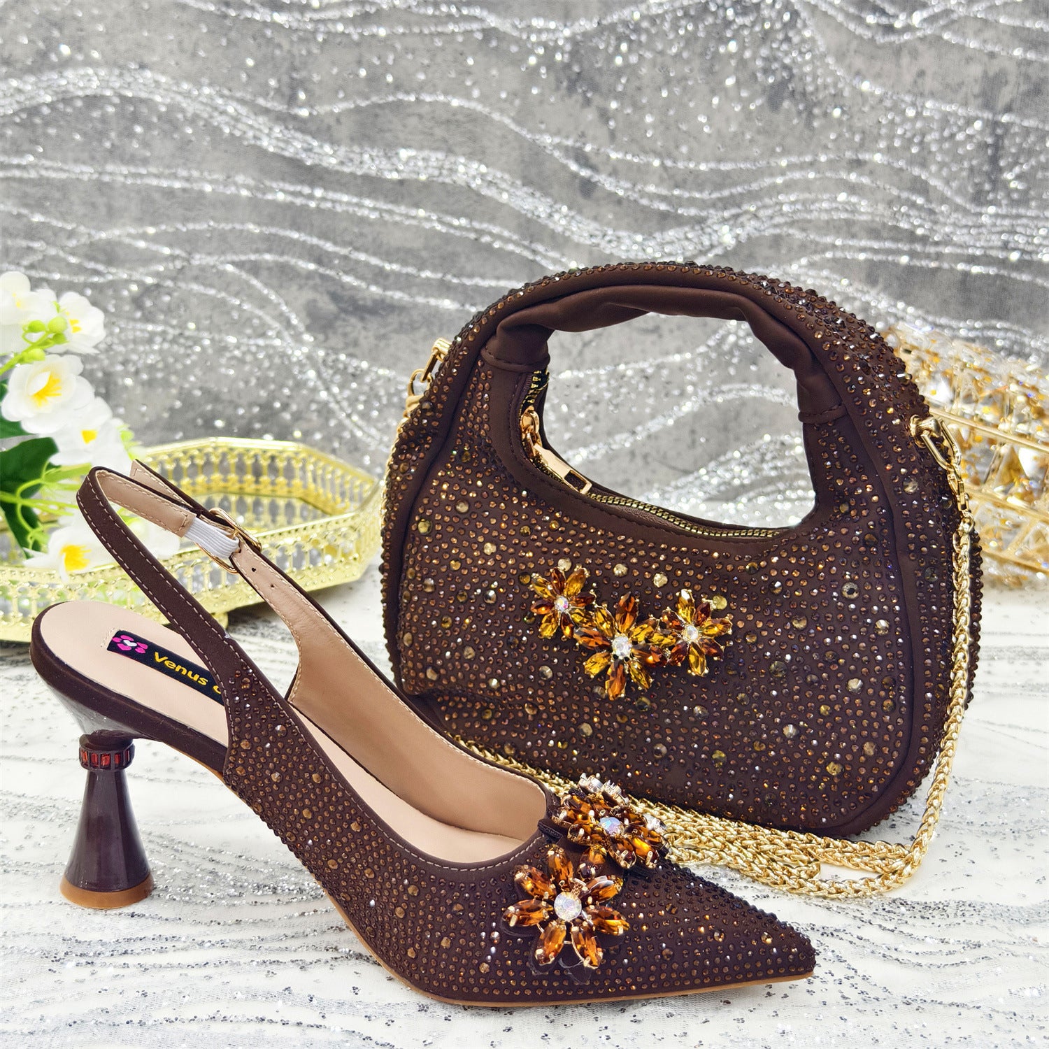Pointed Toe High Heel Rhinestone Flower Shoes With Handbag Soft - Sophinity