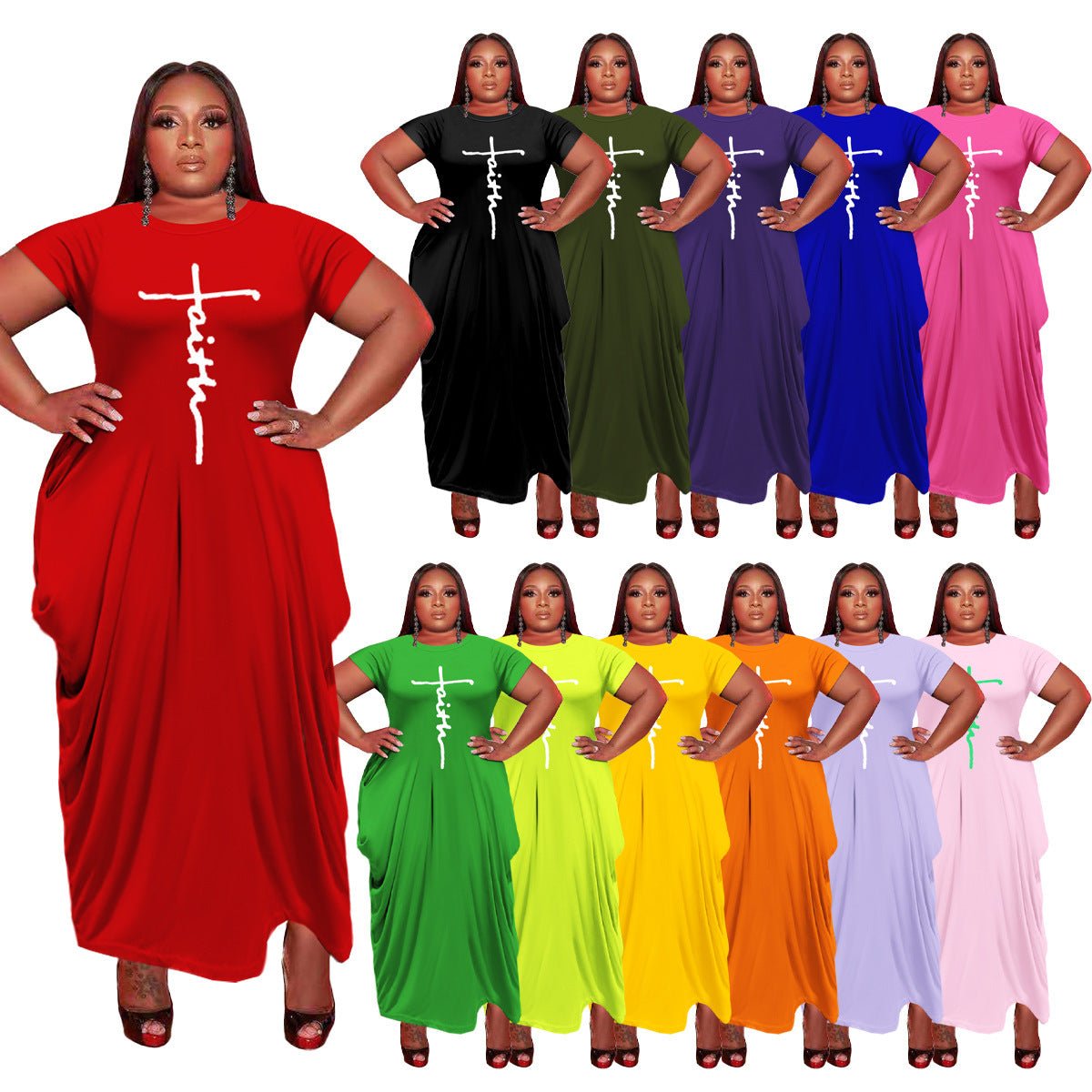 European And American Solid Color Round Neck Short Sleeves Irregular Hem Women's Dress - Sophinity