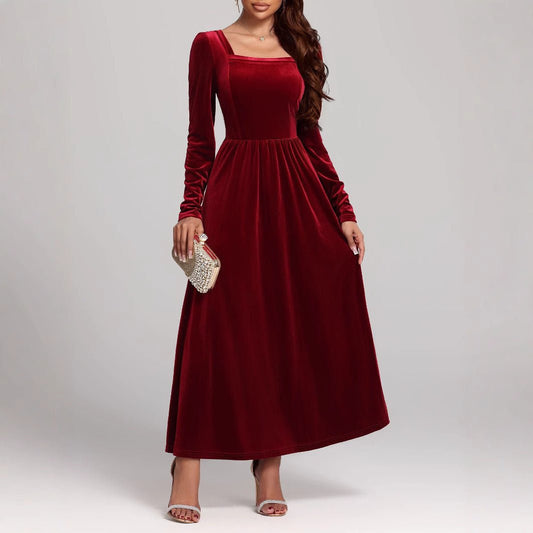 Temperament Red Evening Long Dress Pleuche Dress - Sophinity