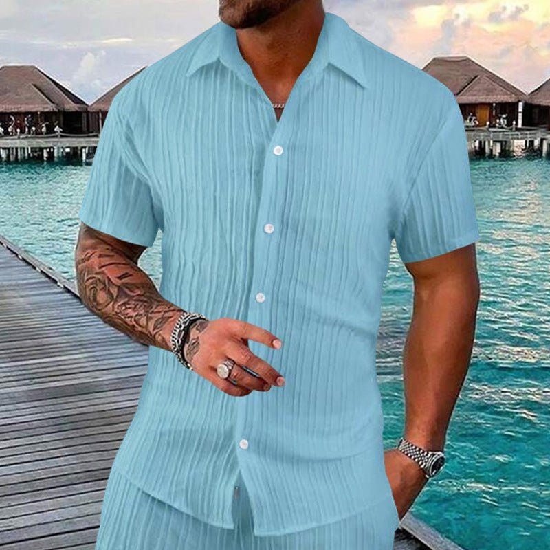 Polo Collar Solid Color Short Sleeve Button Men's Casual Loose Short Sleeves Shirt - Sophinity