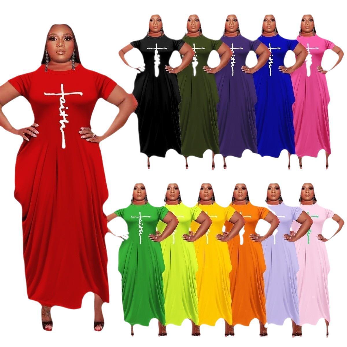 European And American Solid Color Round Neck Short Sleeves Irregular Hem Women's Dress - Sophinity