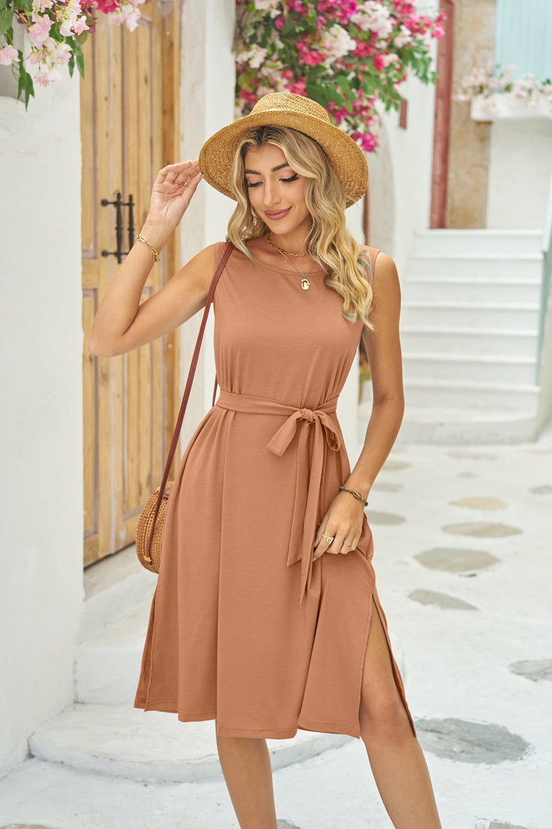 Summer Sleeveless Dress With Pockets Waist Lace-up Slits Dresses Fashion Womens Clothing - Sophinity