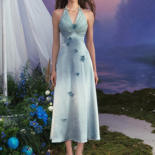 French Vacation Style Heavy Industry Halter Blue Flower Dress - Sophinity