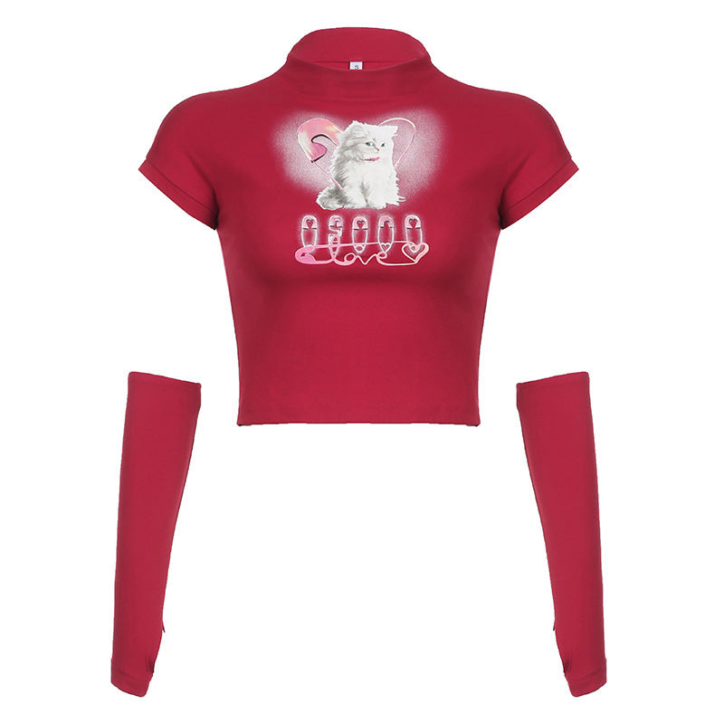 Cat Printing Cropped T-shirt Street Style