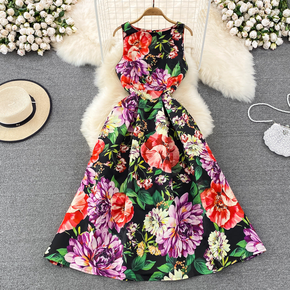 Retro Affordable Luxury Temperament Crew Neck Waist Slimming Printed Sleeveless A- Line Dress - Sophinity