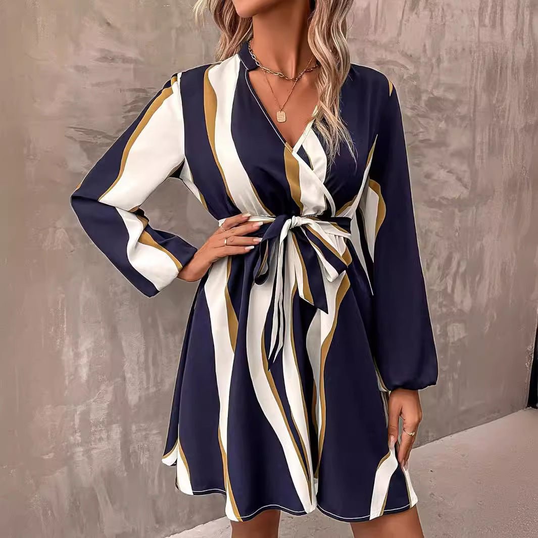 Women's Clothing Belt Printed V - neck Dress - Sophinity