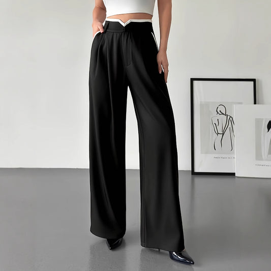 Women's Fashionable Casual Contrasting High Waisted Loose Wide Leg Pants - Sophinity