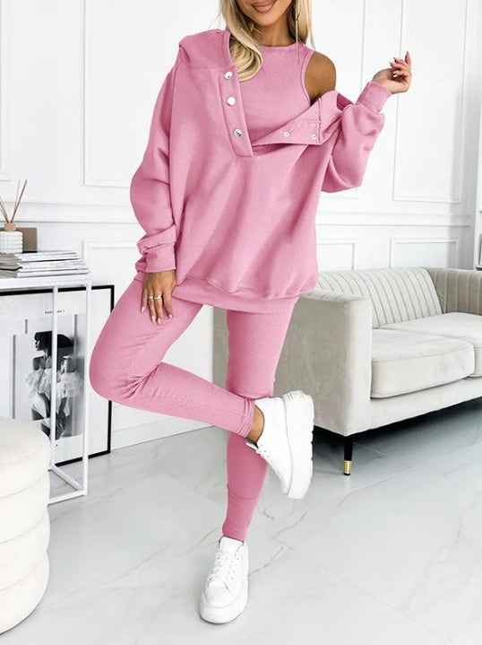 Athleisure Hoodie With Thick Thread Slim-fit Vest Pants Three Pieces Set - Sophinity