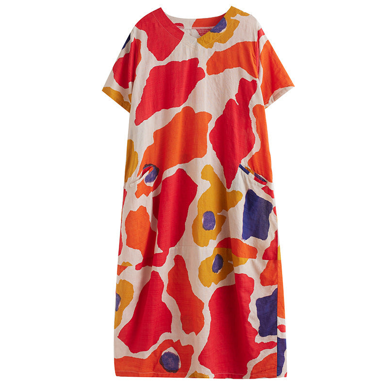 Plus Size Cotton And Linen Dress Abstract Printing Short Sleeve Loose - Sophinity