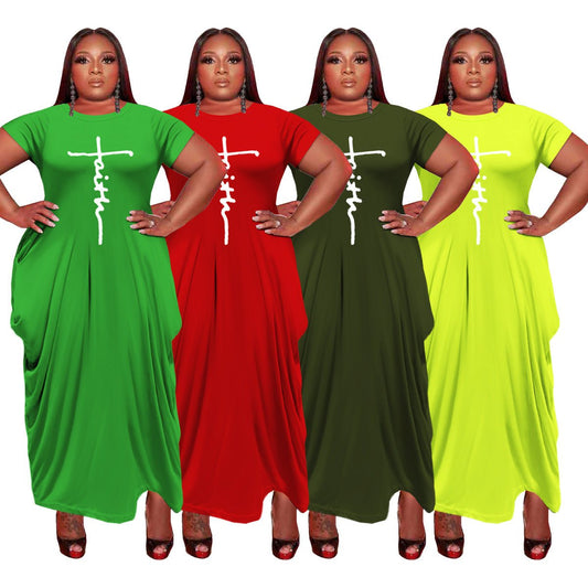 European And American Solid Color Round Neck Short Sleeves Irregular Hem Women's Dress - Sophinity