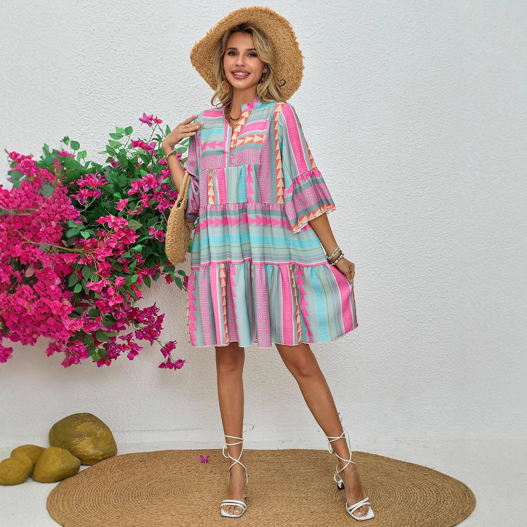 Spring And Autumn Print V-neck Dress - Sophinity