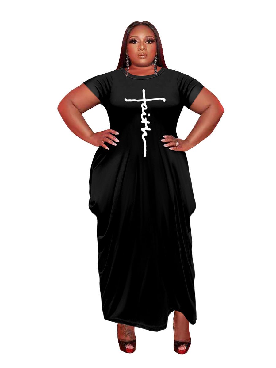 European And American Solid Color Round Neck Short Sleeves Irregular Hem Women's Dress - Sophinity