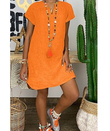 Summer Loose Solid Color Short Sleeved V Neck Cotton And Linen Dress Women - Sophinity