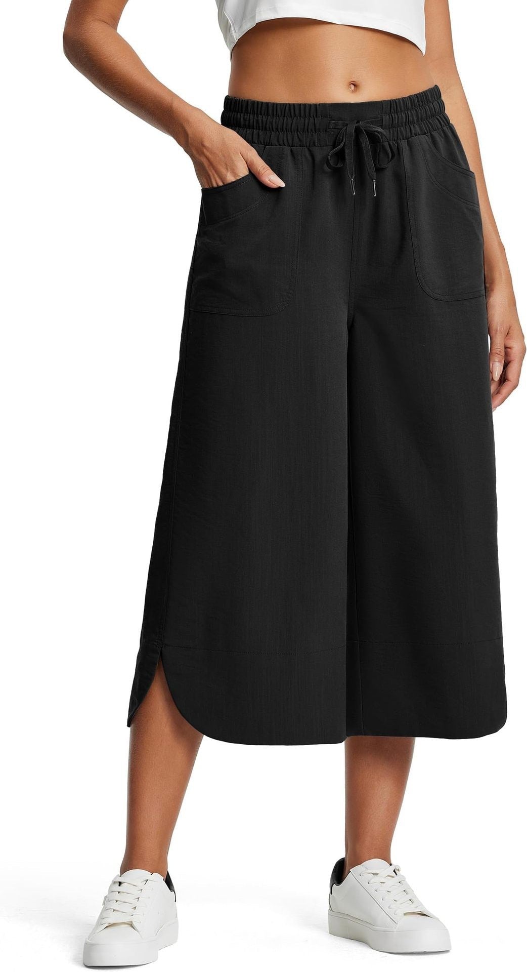 Summer Elastic Waist Solid Color Wide Leg Loose Casual Cropped Pants For Women - Sophinity