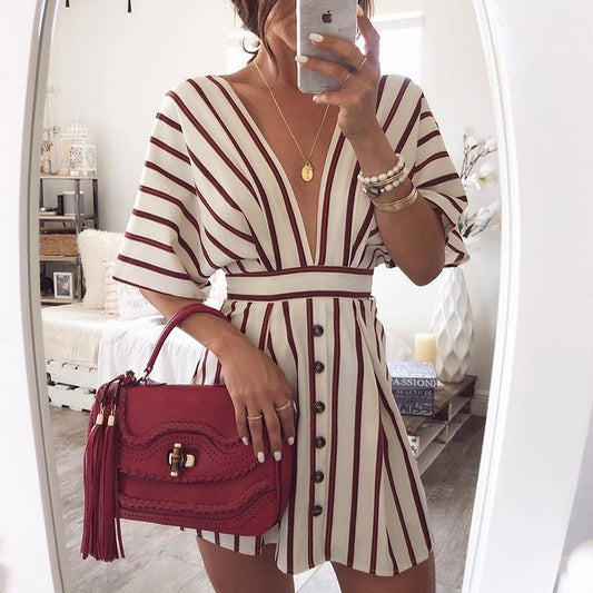 Summer and autumn topless women's striped deep V dress - Sophinity