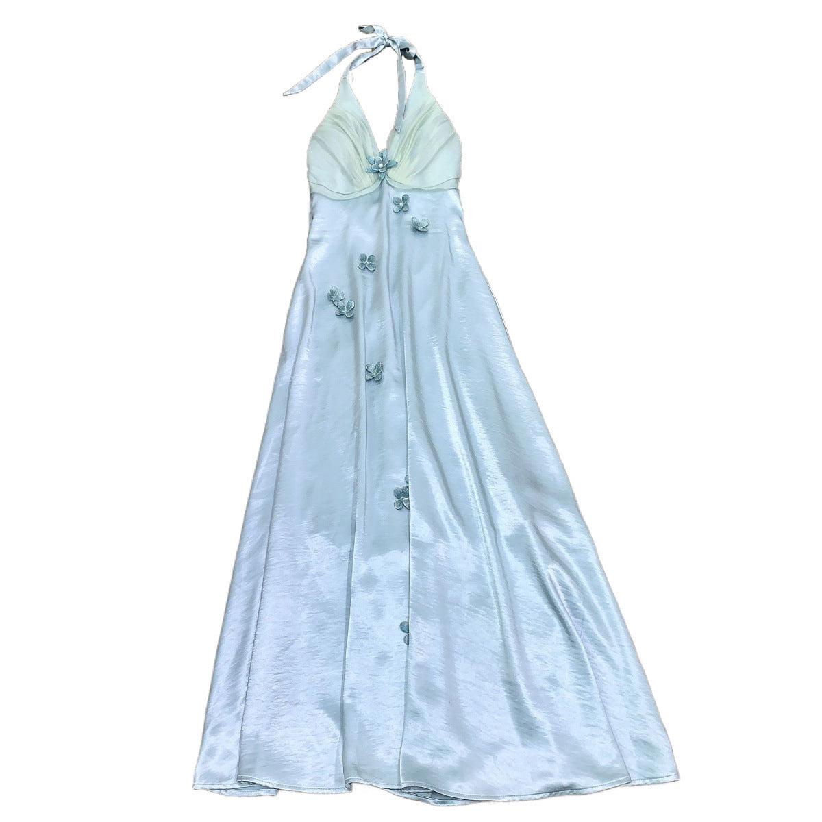 French Vacation Style Heavy Industry Halter Blue Flower Dress - Sophinity