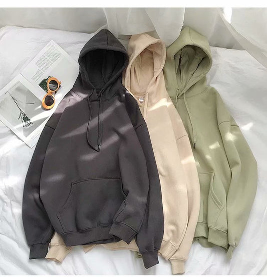 Pure color hooded plus fleece sweater Loose casual sweater - Sophinity