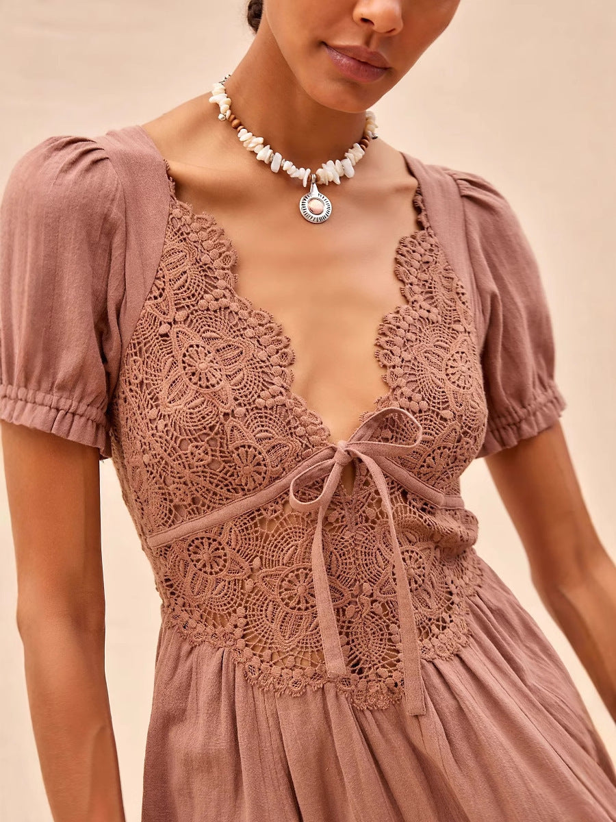 V-neck Lace Short Sleeved Pure Cotton Dress - Sophinity