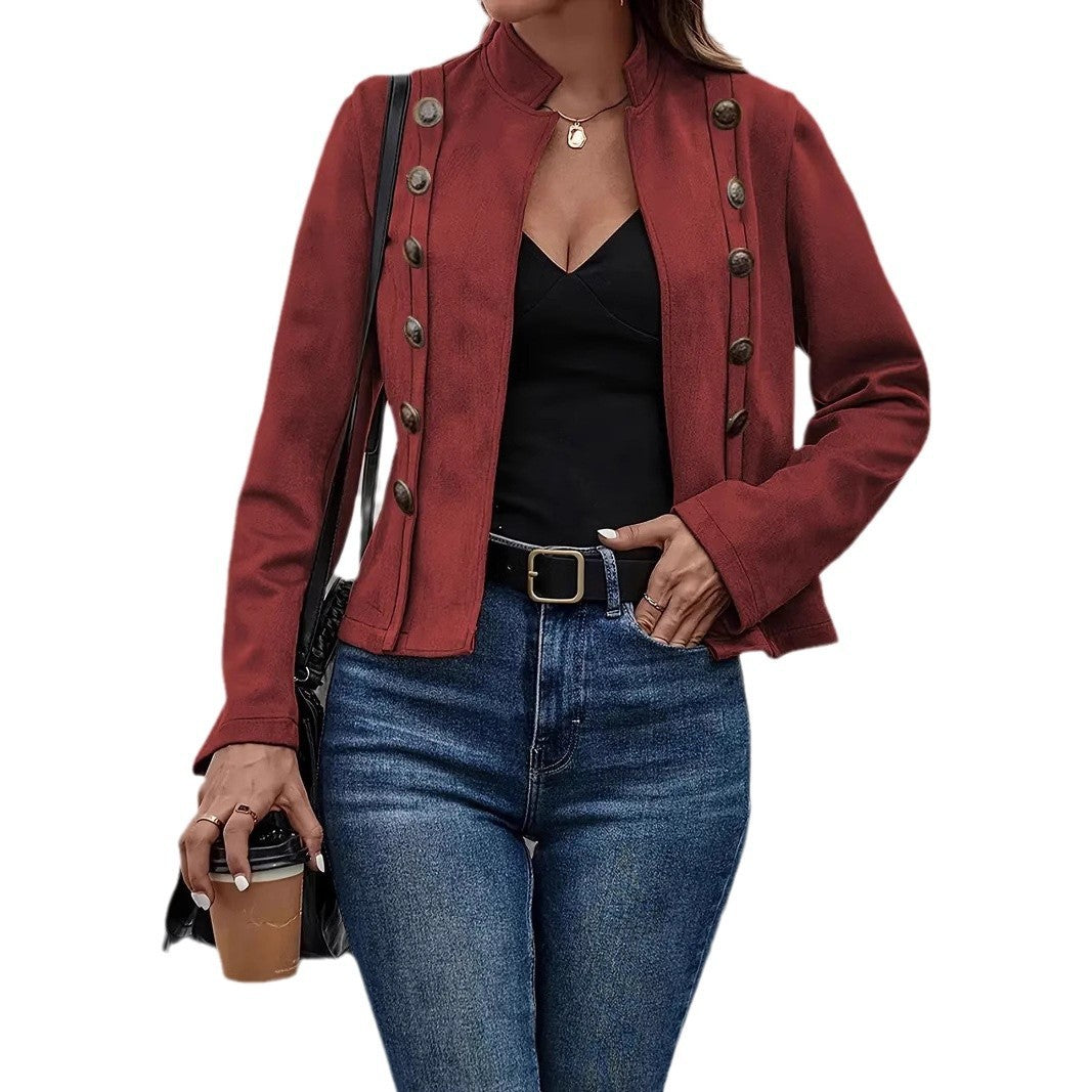 Double-row Metal Buckle Deerskin Velvet Retro Long-sleeved Coat - Sophinity